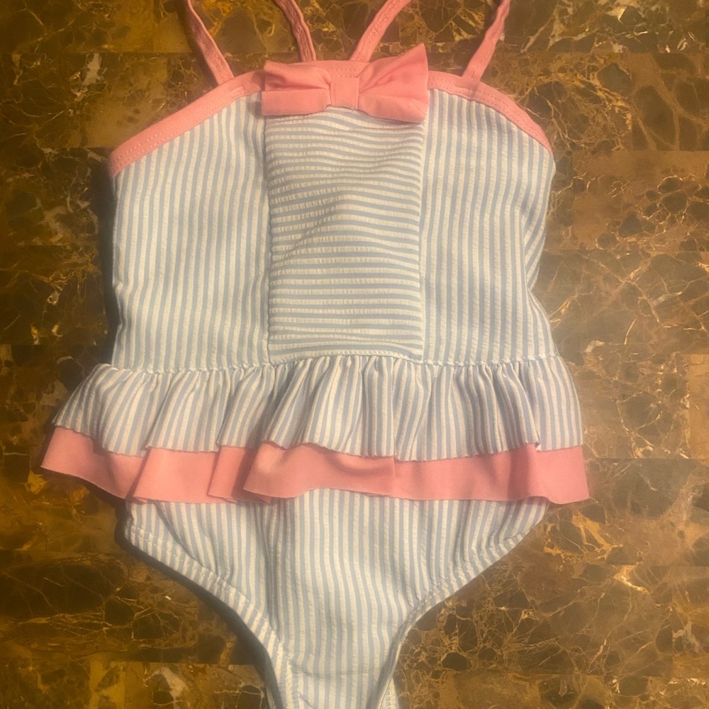Blue and pink seersucker girls bathing suit